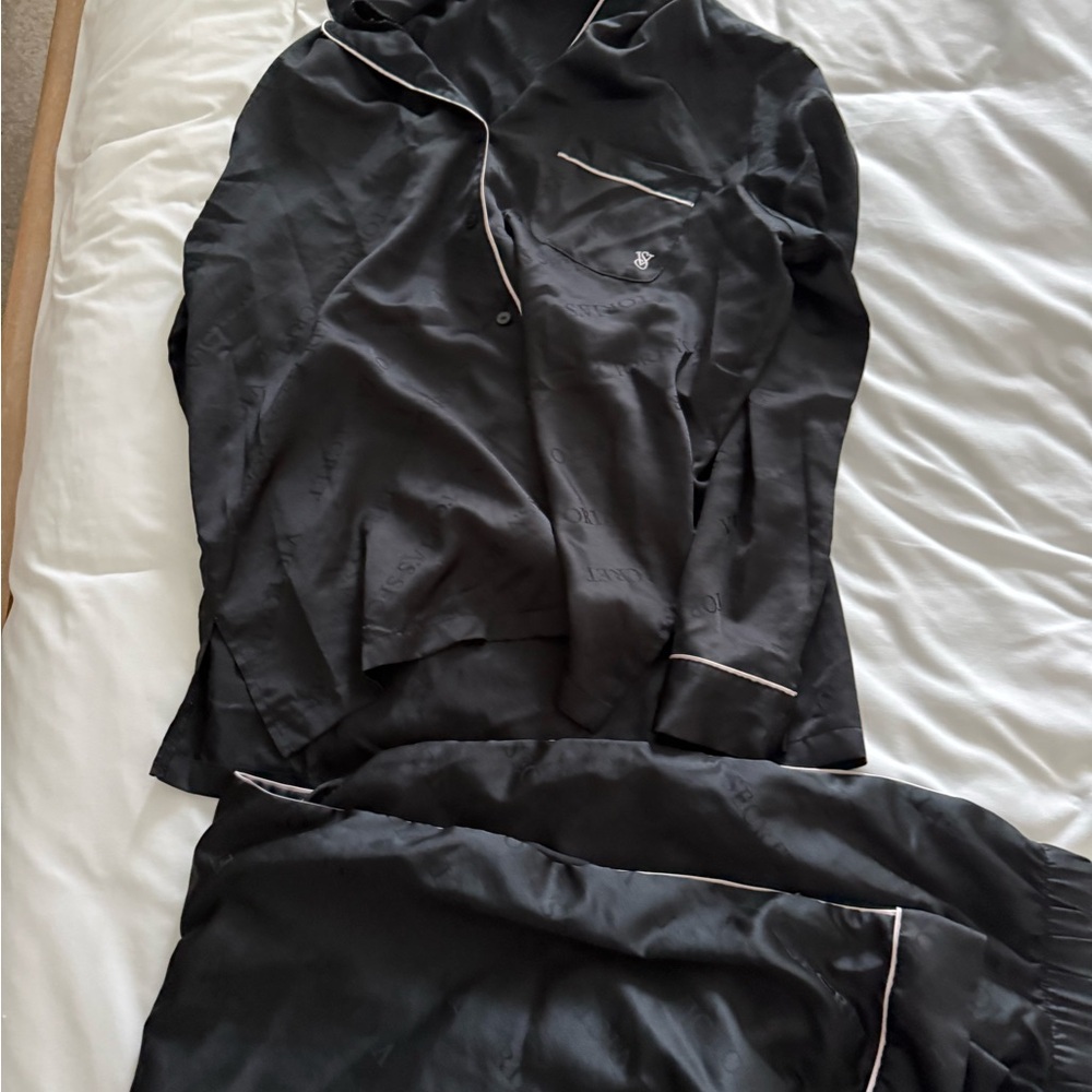 Victoria’s Secret Black satin Pajama Set with White Trim large long